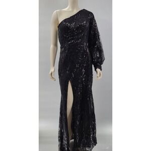 One Shoulder Sequin Evening Gown 12 Black Long Sleeve Slit Formal Prom Pageant